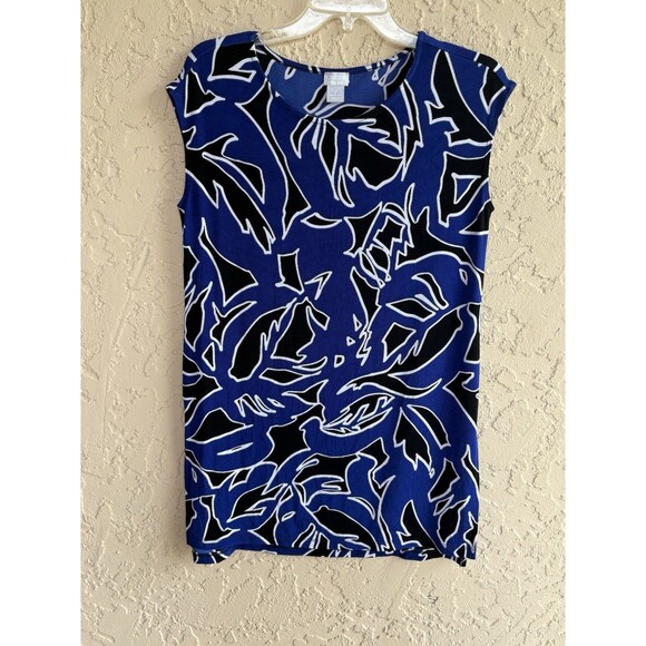 Chico’s Women’s Size 1 (8-10) Stretch abstract Print Black Blue White Dress Midi - Picture 1 of 11